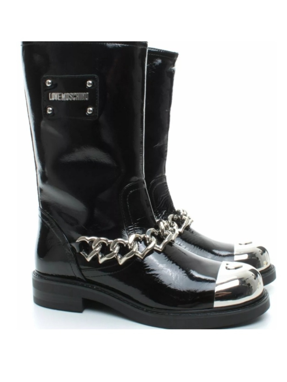 AUTHENTIC LOVE MOSCHINO  Patent Mid-Calf Boots with Silver Chain and Cap Toe